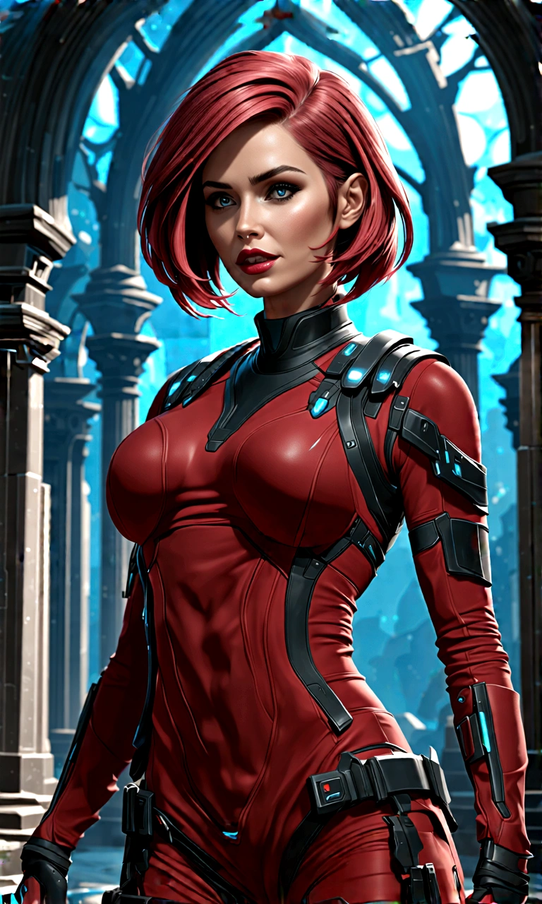 Highly detailed RAW color photo, beautiful woman, short red hair, dynamic pose, femshepard of mass effect, (wide hips), (detailed skin), (detailed lips), (detailed eyes), (cosmic: 1.4), (necropolis: 1.1), (science fiction setting) (detailed face), (curvy), red clothing, detailed eyes, chromatic aberration, depth of field, soft lighting, masterpiece, best quality, intricate, (lens reflection: 0.7), (flowering: 0.7), particle effects, ray tracing, tone mapping, highly detailed, concept art, smooth, sharp focus, dramatic lighting, highly detailed art, cinematic, hyper-realistic painting, trending on Artstation, 8K, amazing shadows, realistic, (highly detailed background: 1.2), mid-journey art
