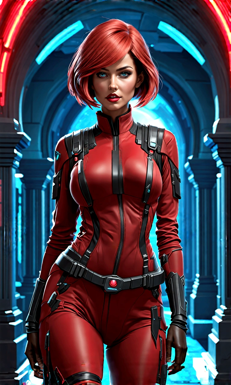 Highly detailed RAW color photo, beautiful woman, short red hair, dynamic pose, femshepard of mass effect, (wide hips), (detailed skin), (detailed lips), (detailed eyes), (cosmic: 1.4), (necropolis: 1.1), (science fiction setting) (detailed face), (curvy), red clothing, detailed eyes, chromatic aberration, depth of field, soft lighting, masterpiece, best quality, intricate, (lens reflection: 0.7), (flowering: 0.7), particle effects, ray tracing, tone mapping, highly detailed, concept art, smooth, sharp focus, dramatic lighting, highly detailed art, cinematic, hyper-realistic painting, trending on Artstation, 8K, amazing shadows, realistic, (highly detailed background: 1.2), mid-journey art