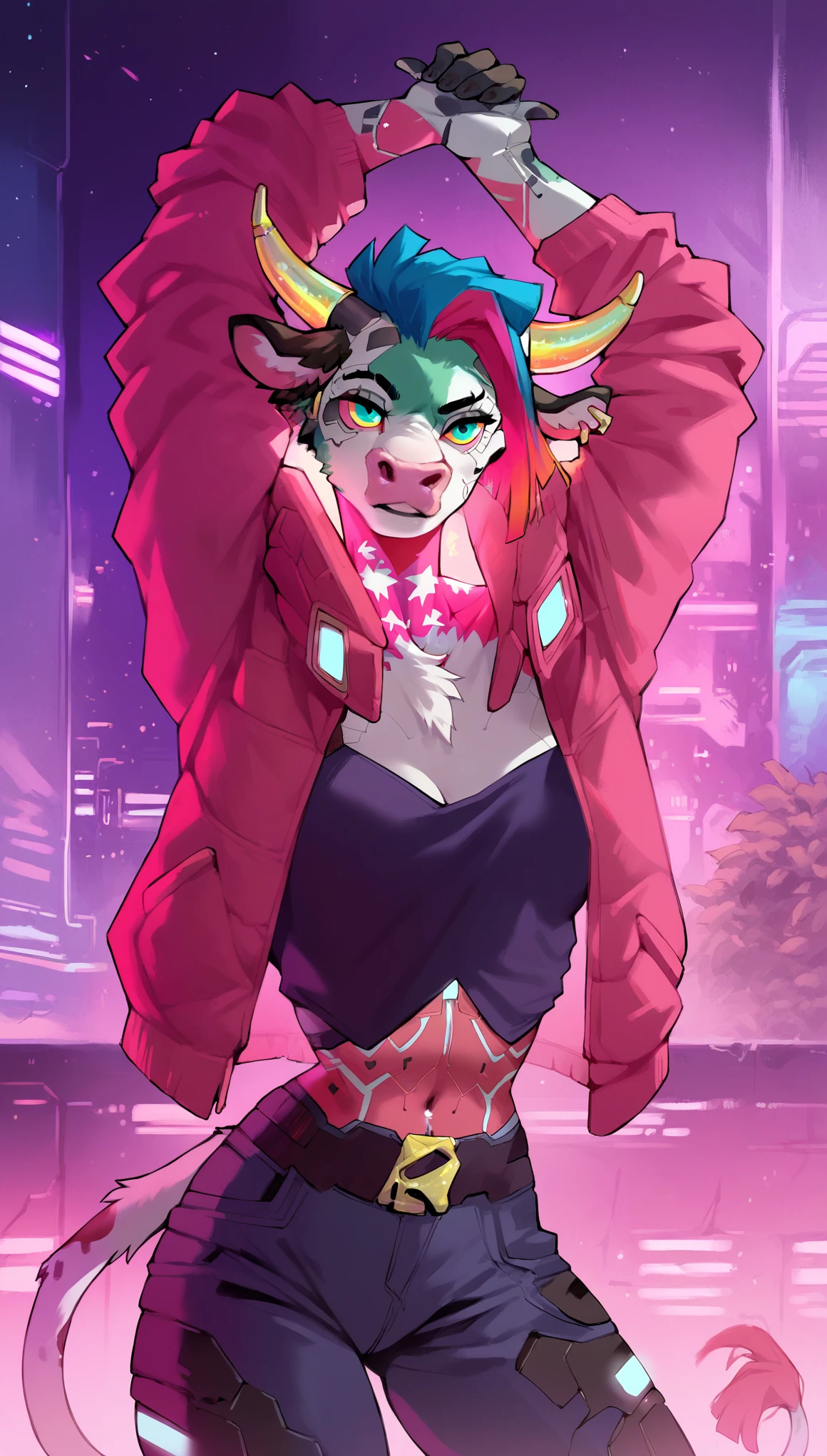 score_9, score_8_up, score_7_up, (cyberpunk buildings, cyberpunk neon signs, cyberpunk cars, cyberpunk-style city on background),
((Cow:1.2), anthro, solo, female, (closeup portrait), (focus on face:1.5), (dancing), (holding, large boobs), ((wearing clothes)), ((have fur)), beautiful, (have cyberpunk augmentations, cyberpunk implants, cyberpunk-style additions:1.5)