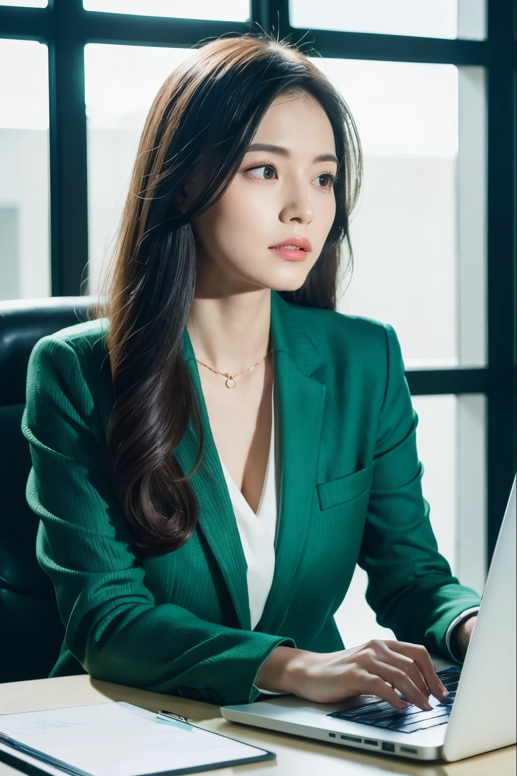 wide angle photo, best qualtiy, 8K, masterpiece, perfect figure beautiful woman, asian woman,white and green stripped blazer, Highly detailed facial and skin texture, A detailed eye, double eyelid，Whiten skin，looking down, long black hazel hair, working in front of a laptop in the office, back lighting from the window