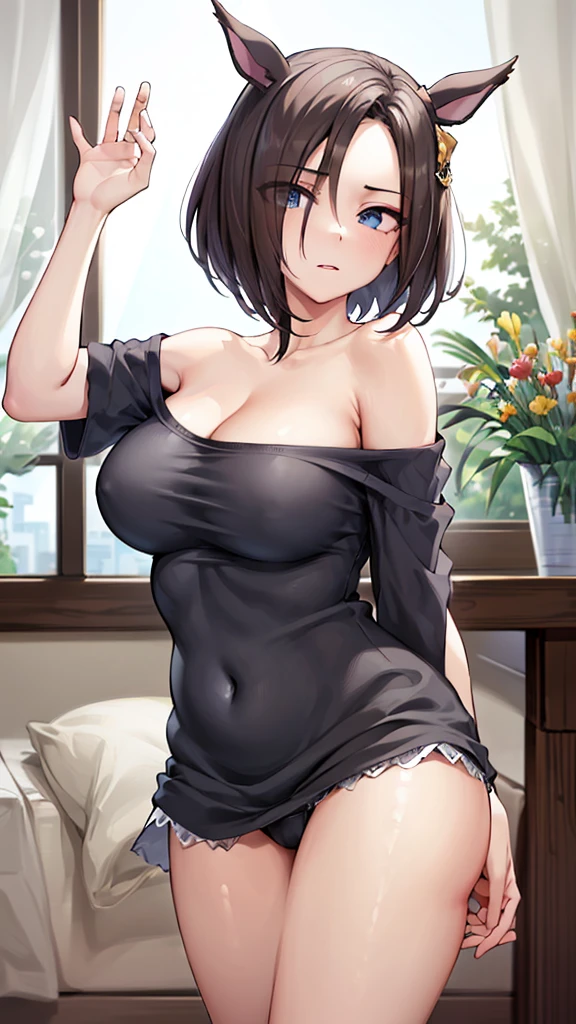 (((masterpiece))),(((High resolution)))、(((perfect face)))、(((Air Groove))), (((off shoulder room wear))), ((top quality eyes)), ((high resolution face)), detailed face, (detailed texture), (plump), (big tits), NSFW