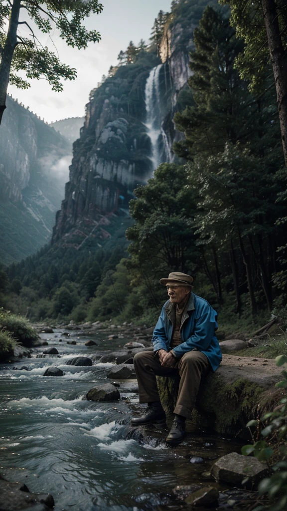Devastated and feeling hopeless, Kai left the island and wandered into the nearby forest, There, he met a wise old man who was sitting by a stream, headshot of the wise old man sitting by the stream, The old man looked up at Kai and said, "I sense that you're carrying a heavy burden. 4k realistic imagery, blue scenery like a movie scene, old american setting, inspired by blade runner movie scene, blue tone, 9:16 aspect ratio