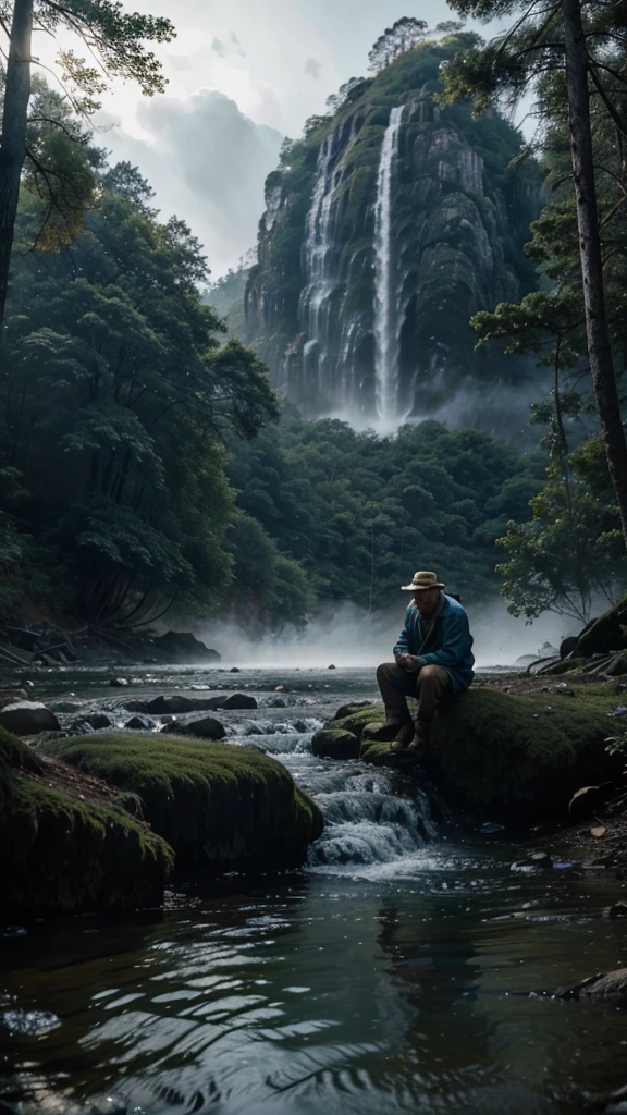 Devastated and feeling hopeless, Kai left the island and wandered into the nearby forest, There, he met a wise old man who was sitting by a stream, headshot of the wise old man sitting by the stream, The old man looked up at Kai and said, "I sense that you're carrying a heavy burden. 4k realistic imagery, blue scenery like a movie scene, old american setting, inspired by blade runner movie scene, blue tone, 9:16 aspect ratio