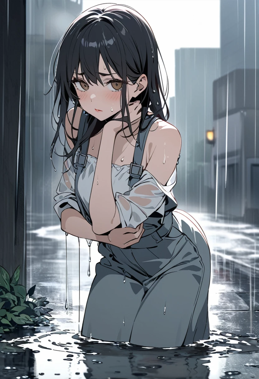 A girl stands in the rain, her clothes and hair drenched and clinging to her slender frame. Her black hair, cut in a short and practical style, drips with water, framing her face and emphasizing her large, irritated brown eyes. The usually vibrant and glossy sheen of her hair is dulled by the rain, adding to her overall look of displeasure.
Her brows are furrowed, and her lips are pressed into a tight line, clearly expressing her annoyance. She crosses her arms tightly over her chest, trying to shield herself from the downpour but only succeeding in looking more upset.
The background shows a grey, dreary urban landscape, with heavy rain cascading down from the overcast sky. Puddles form on the ground, and the rain creates a misty, blurred effect around her, further highlighting her presence.
Her casual outfit, now soaked, clings to her, adding to her discomfort. Water droplets run down her face and neck, and her sneakers are likely squelching with each step. Her posture is tense, shoulders hunched and body slightly turned as if she’s looking for shelter or a way out of the rain.
The color palette of the illustration emphasizes the gloominess of the weather and her mood, with muted greys, blues, and dark tones dominating the scene. The only bright spot is the slight reflection of the streetlights in the puddles and the glistening raindrops on her hair and clothes.
The viewer can almost feel the cold and dampness, and her expression and body language effectively convey her frustration and impatience with the situation. This image captures the essence of a miserable rainy day and the irritation that comes with being caught unprepared in the storm.