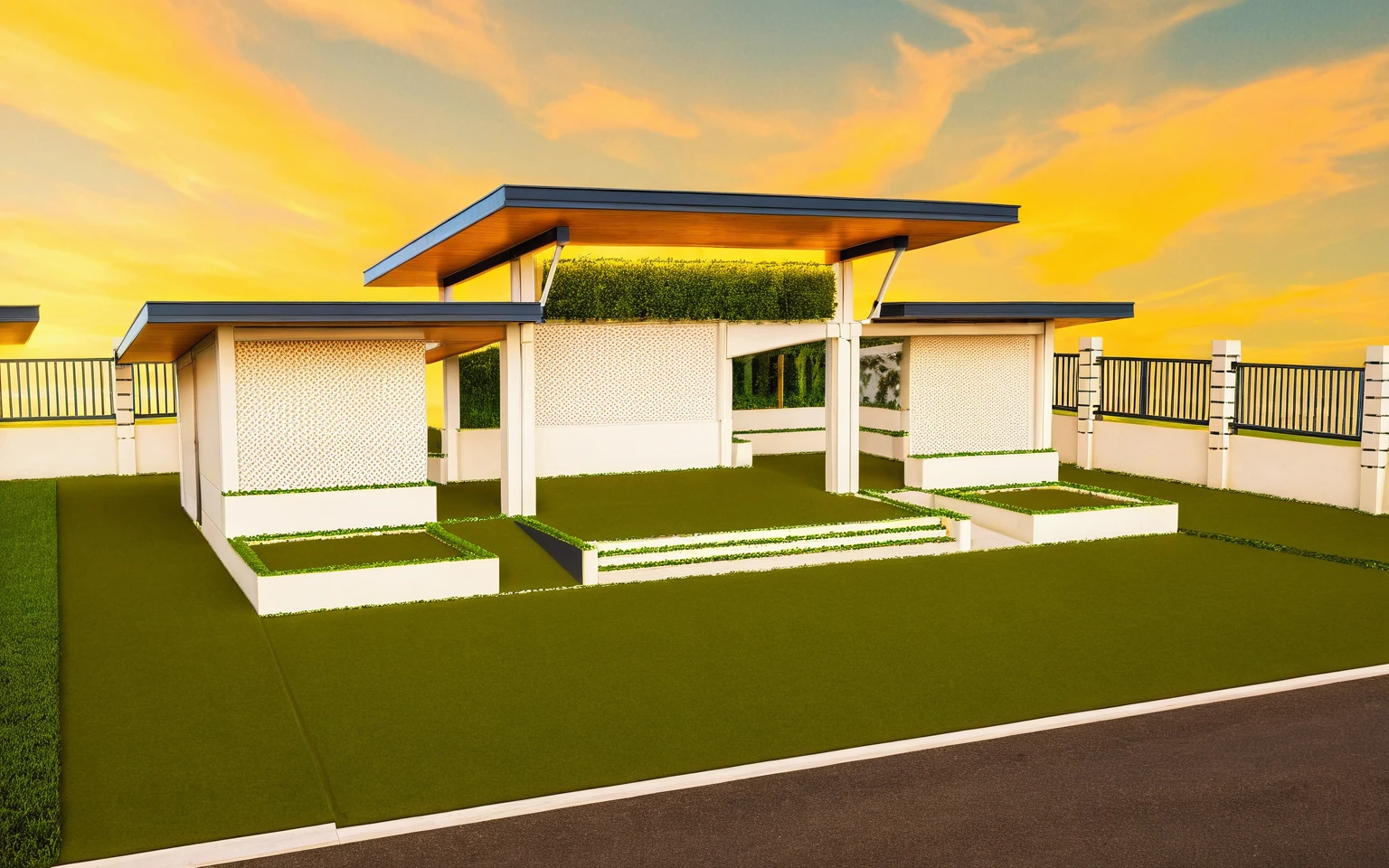 Masterpiece, high quality, best quality, authentic, super detail, outdoors, huts style neoclassic, bietthuhn, white wall, gate road, pavement, grass, trees, blue sky, sunset, cloud, (day:1.1), realistic lighting