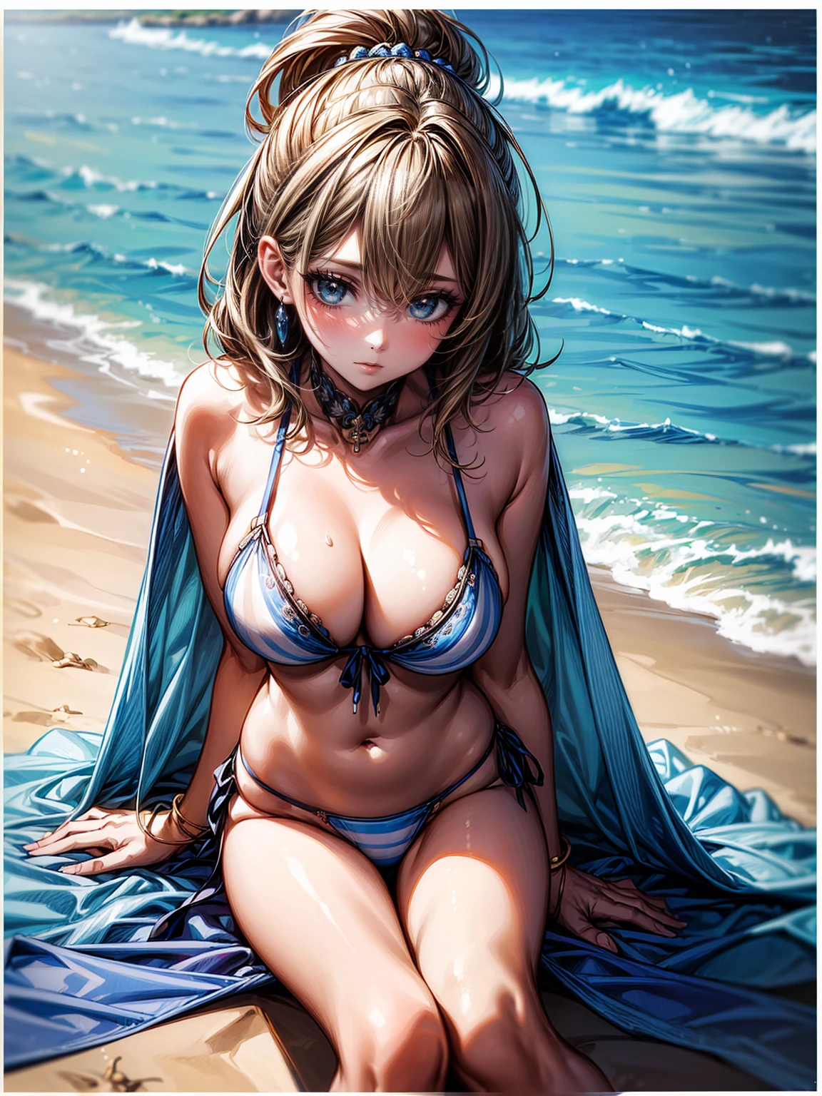 (masterpiece, Highest quality, Super detailed:1.3), Perfect composition, 4K, (Very detailed, Super detailed), Blue and white bikini、Bikini with horizontal stripes, High resolution, 8k Texture, Attention to detail, Very detailed肌の質感, Magnificent details, High Sharpness, One girl, (Fine grain:1.3), (25-year-old woman:1.3), (skinny), (Big Breasts), Bright beach,、smile、Sticking out tongue、(MCharacter splits)
