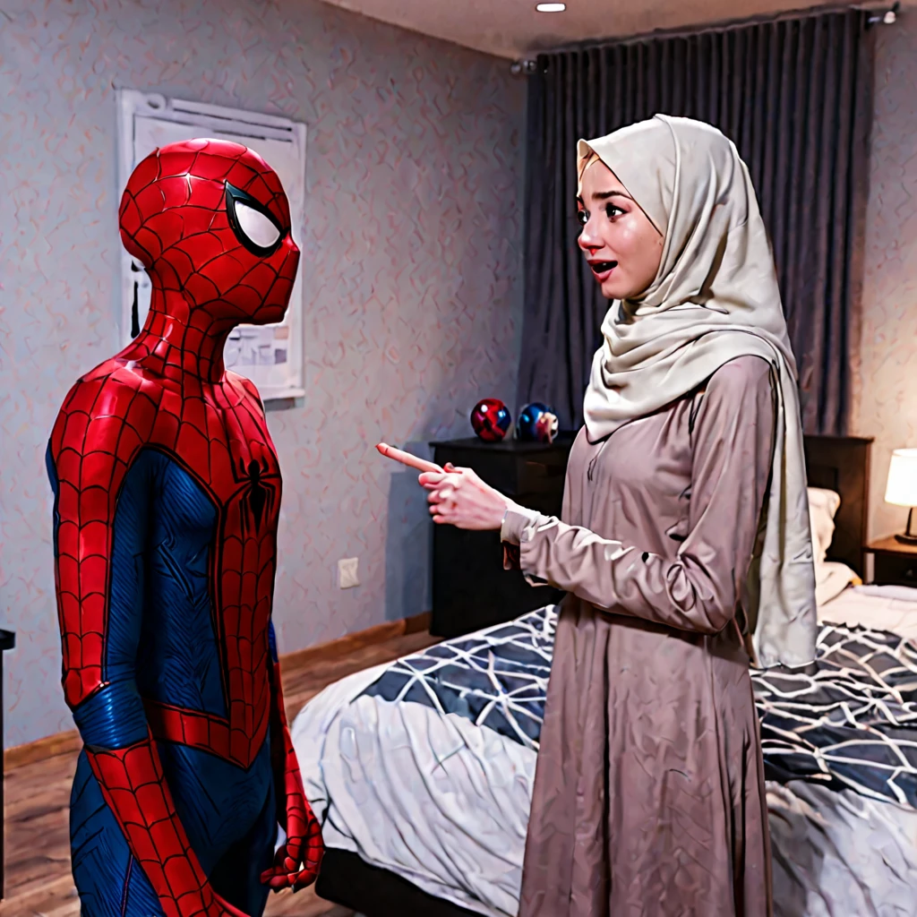 Pale skin Woman in straight hijab talking with marvel spiderman Peter Parker in young room night standing 