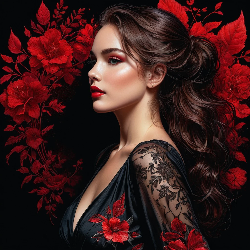 posters, close up, whole body, arte das eyeshadows, red contour drawn on a dark black background, Red outline silhouette, loose hair, silhouette of a beautiful young woman, perfect physique, thin and graceful shapes, charming modesty, perfection in a tight black silk dress, 8k resolution, lateral view, eyeshadows, uncanny, Style of Jean Baptiste Monge, thomas kinkade, David Palumbo, Carne Griffiths.