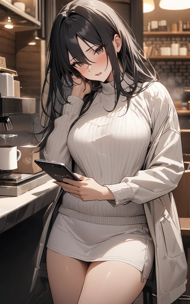 (masterpiece, Highest quality:1.2), Mature Woman、40 years old、Black long hair、{wrinkle}、White tight sweater、{Flesh-colored jacket}、White short skirt、Coffee shop