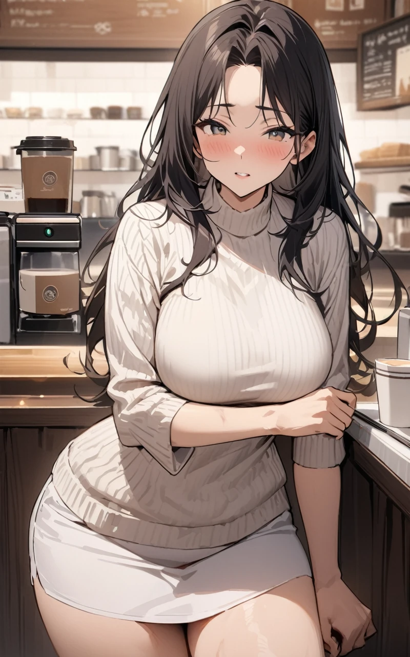 (masterpiece, Highest quality:1.2), Mature Woman、40 years old、Black long hair、{wrinkle}、White tight sweater、{Flesh-colored jacket}、White short skirt、Coffee shop