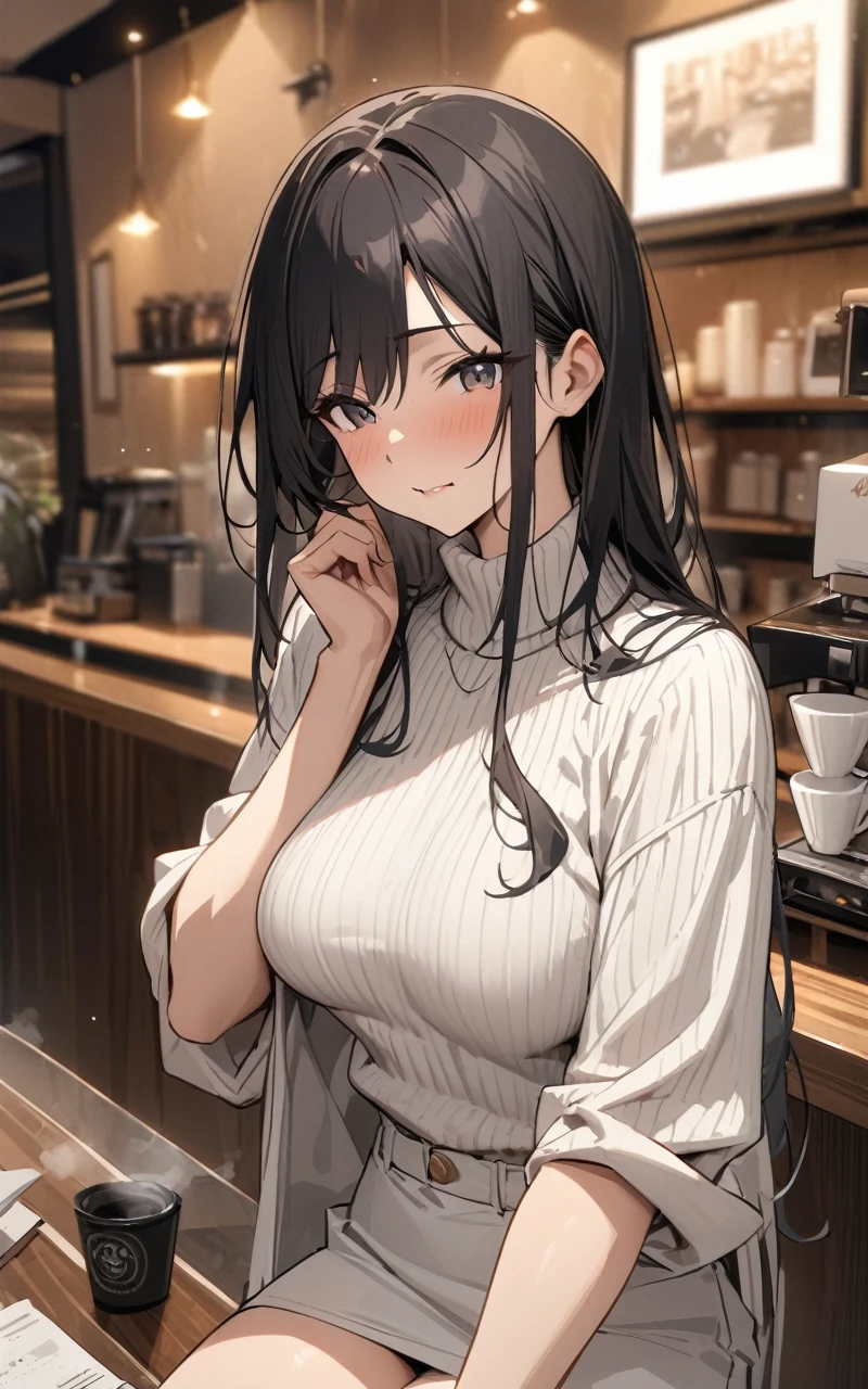 (masterpiece, Highest quality:1.2), Mature Woman、40 years old、Black long hair、{wrinkle}、White tight sweater、{Flesh-colored jacket}、White short skirt、Coffee shop