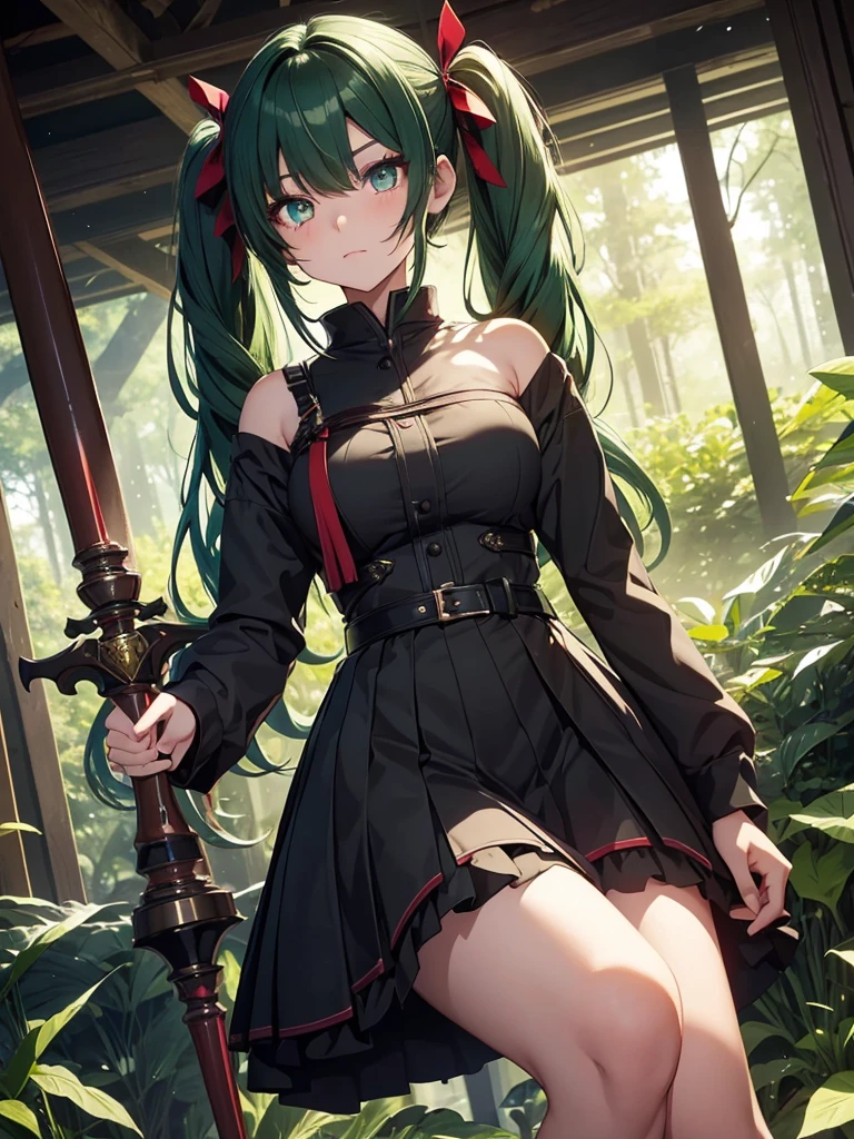 midnight forest view, solo, 1 girl, highschool girl, 17yo, holding a beautiful mace, dark green hair, twintails, red eyes, (beautiful face and beautiful eyes:1.36)