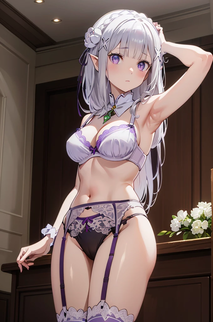 1girl, perfect anatomy, correct anatomy, 
best illustration, masterpiece, best quality, detailed beautiful face and eyes, long hair, low-tied long hair, braid, crown braid, animate, anime keyvisual, white hair, 
(purple eyes:1.2), (beautiful detailed eyes:1.6),
looking at viewer, 
pointy ears,
pink lingerie,lace-trimmed bra, (garter belt:1.3), thighhighs, cleavage, side-tie panties,(special occasion thong panties:1.3) ,armpits,from below, 
flower, hair flower, hair ornament, hair ribbon, white flower, x hair ornament,
background of indoor, nsfw, 