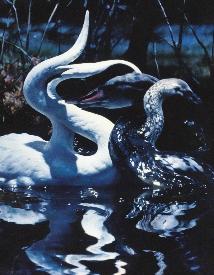 film photography, vintage, close up photo of white shinning swan in black water, blue dark forest night background