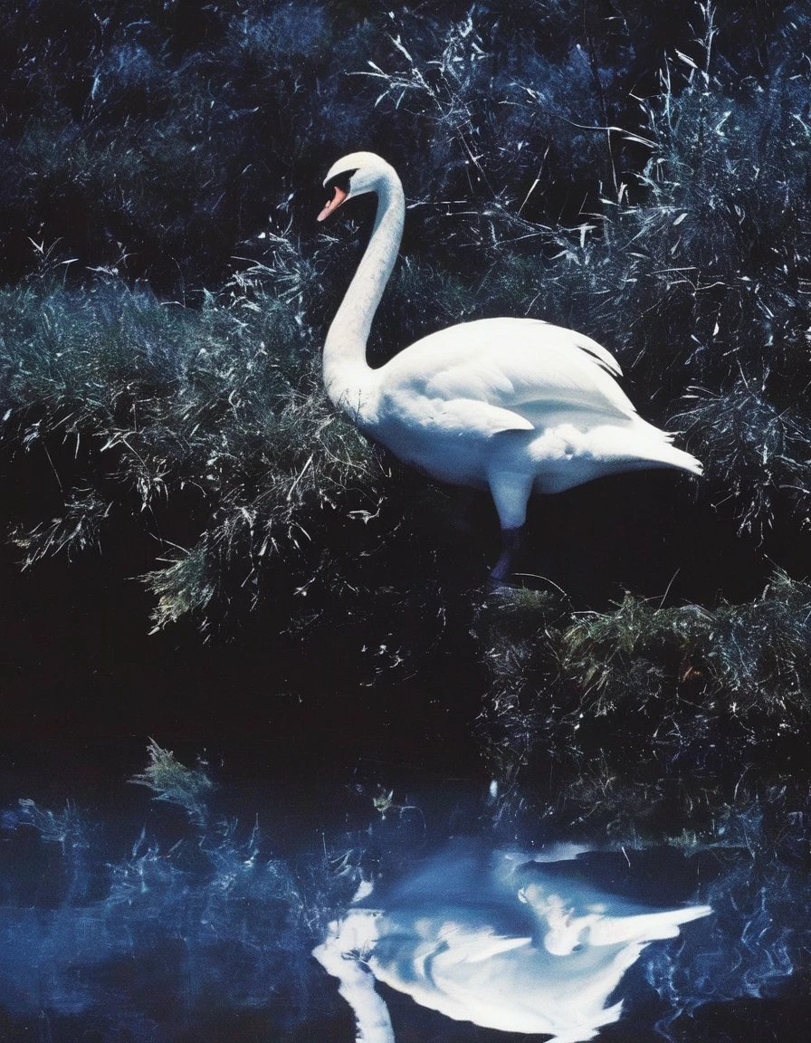 film photography, vintage, close up photo of white shinning swan in black water, blue dark forest night background