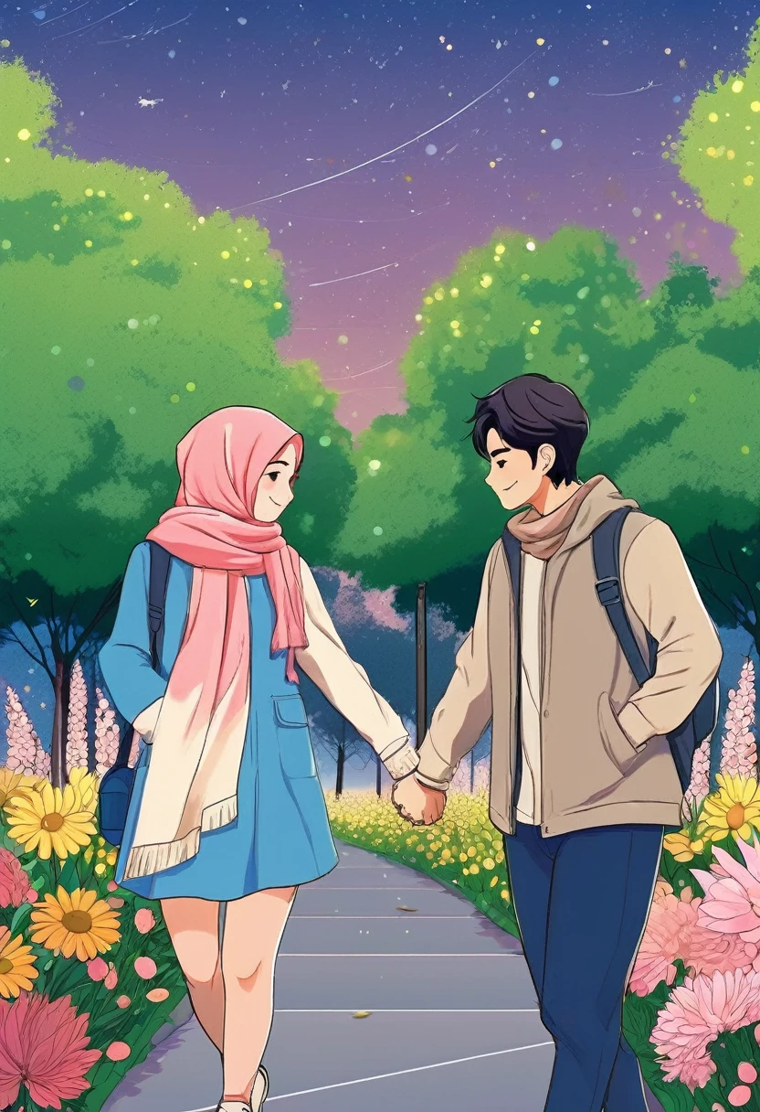 manga style, a beautiful hijab woman and a handsome man in casual clothes are holding hands in the middle of flower park at night, romantic, digital art, cover illustration, 70mm, 7 0 mm, 70 mm, book cover illustration,