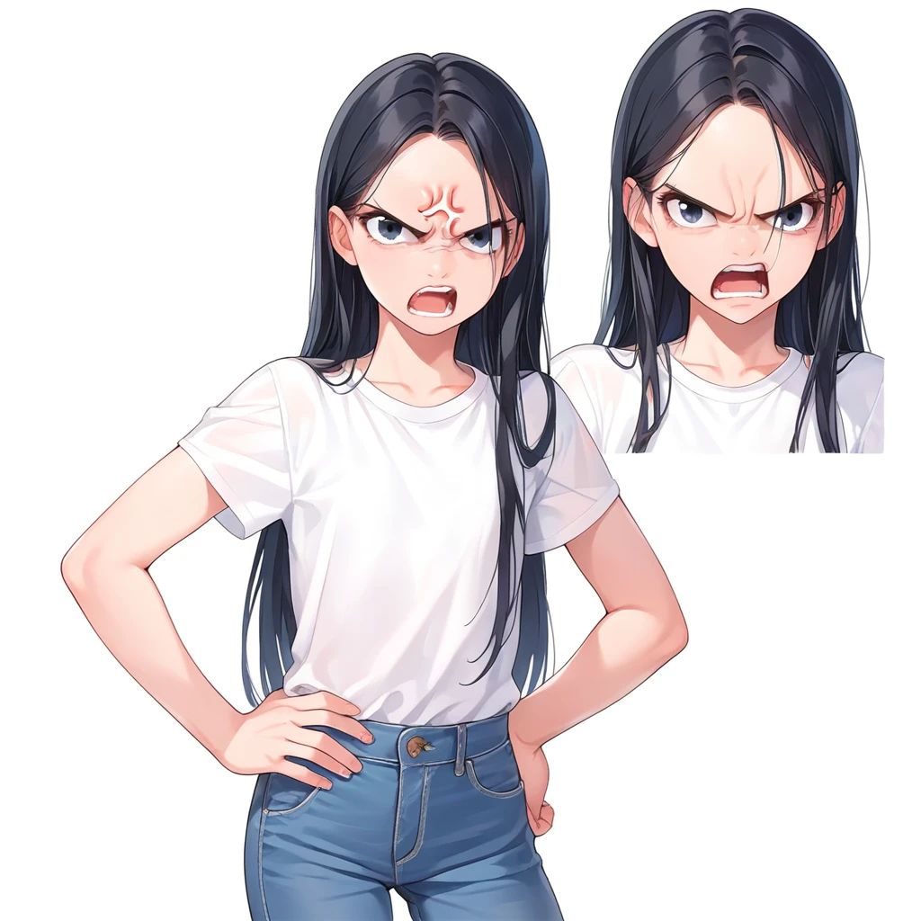 masterpiece , best quality , color , lineart , face close-up , 1 girl , solo , 20 years old , flat chest , long hair , black hair , short sleeve , white tshirts , long pants , jeans , (furious:1.6), standing , hand on hip , open eyes , looking at viewer , open mouth , from front , white backqround , simple backqround ,