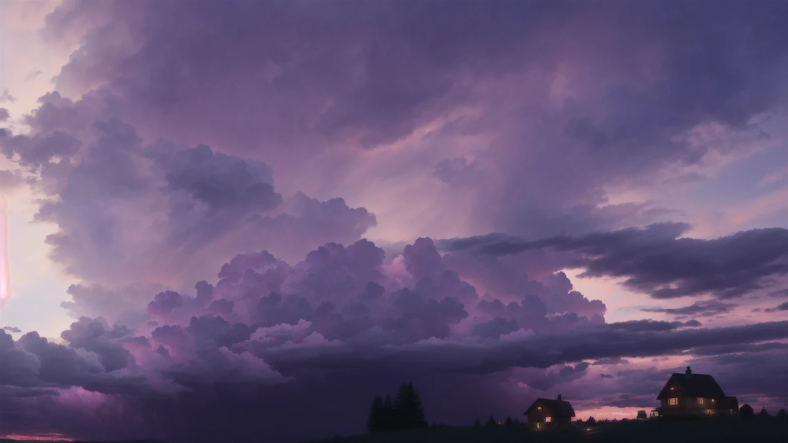 a dramatic sky with large dark purple clouds, pink stormy clouds, a mysterious purple color palette, a beautiful purple sky with dramatic pink cloud formations, a dramatic sky with a small warm-lit wooden cabin in the foreground, an evening thunderstorm with a purple and pink colored sky, a moody and atmospheric sky with ominous dark purple and pink clouds, a cinematic sky scene with a small cozy cabin illuminated in the bottom right corner