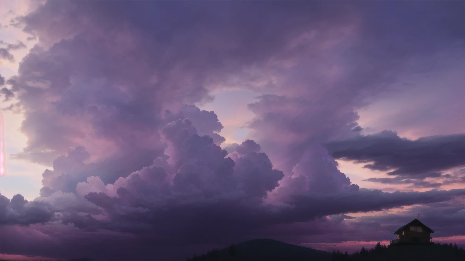 a dramatic sky with large dark purple clouds, pink stormy clouds, a mysterious purple color palette, a beautiful purple sky with dramatic pink cloud formations, a dramatic sky with a small warm-lit wooden cabin in the foreground, an evening thunderstorm with a purple and pink colored sky, a moody and atmospheric sky with ominous dark purple and pink clouds, a cinematic sky scene with a small cozy cabin illuminated in the bottom right corner
