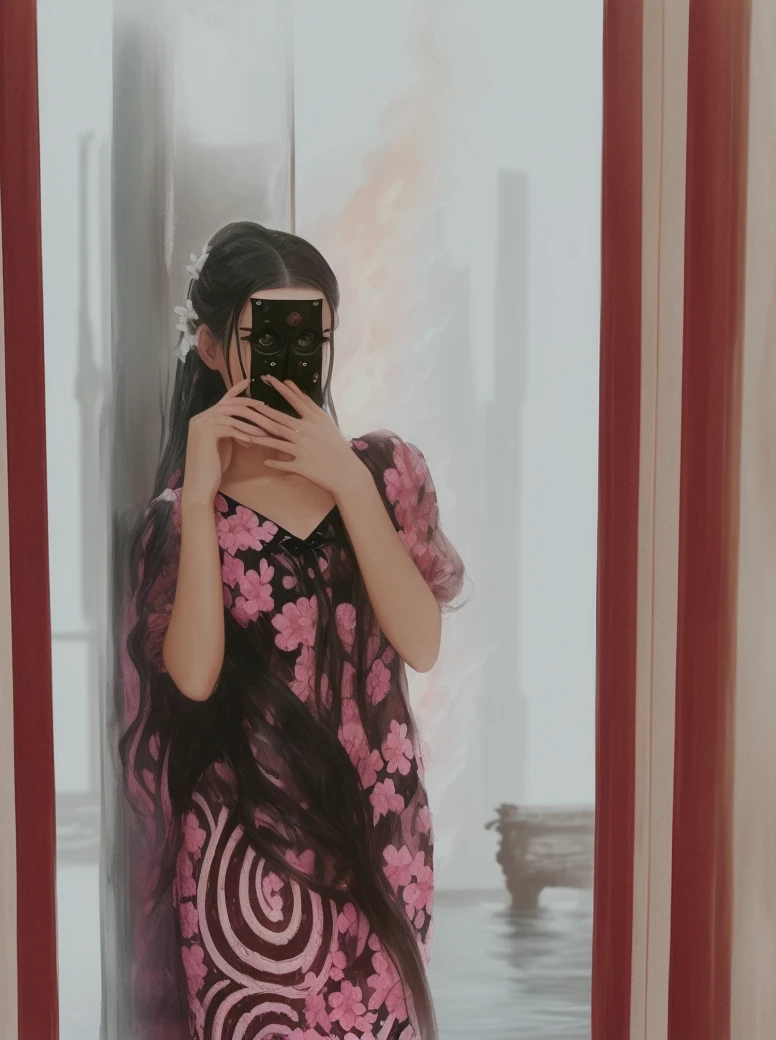 masterpiece,best quality, illustration,{beautiful detailed girl},beautiful detailed glow,(flames of war:1.2),(nuclear explosion behide:1.3),rain,detailed lighting,detailed water,(beautiful detailed eyes:1.1),expressionless,palace,azure hair,disheveled hair,long bangs,hairs ween eyes,(whitegrey dress:1.1),black ribbon,white bowties,midriff,big forhead,blank stare,flower,long sleeves