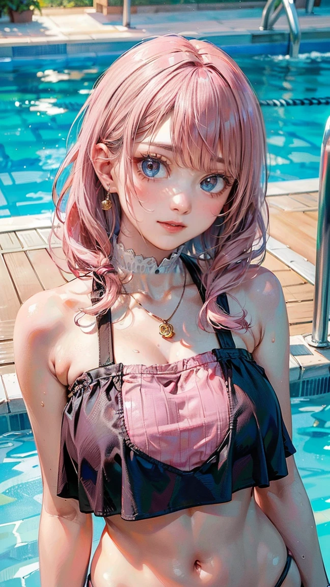 (Masterpiece, BestQuality:1.3), (ultra detailed:1.2), (hyperrealistic:1.3), (RAW photo:1.2), High detail RAW color photo, professional photograph, (Photorealistic:1.4), (realistic:1.4), professional lighting, perfect anatomy, (Big Breasts:1.2), (blush, detailed face), (cheerful Smile:1.5), Trending Hair&Trending Hairカラーをランダムに, earrings, necklace, bracelet, sexly, erotic sexly, Random sexy gravure poses, (A pink-haired woman wearing a crop top and bikini bottoms by the pool、Enjoying sunbathing。:1.3)