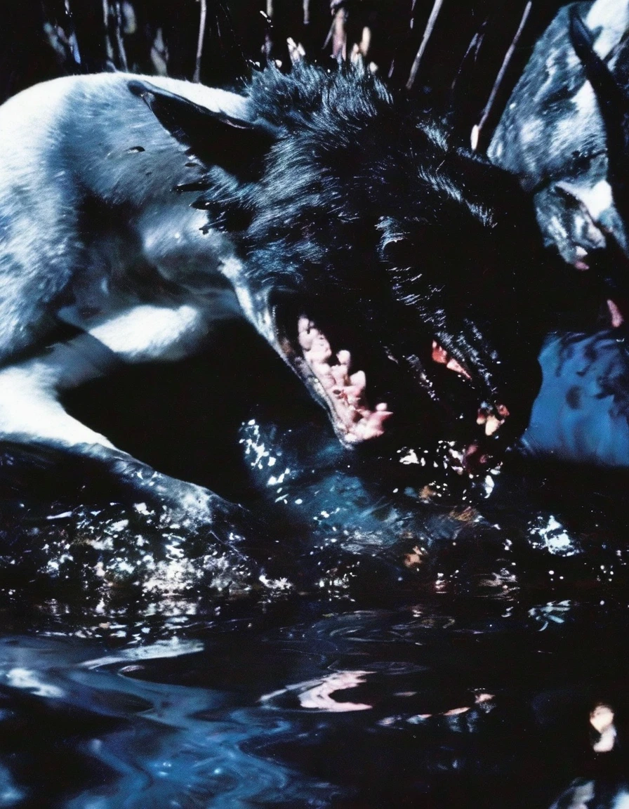 film photography, vintage, close up photo of black filth eating white swan covered in blood in black water, blue dark forest night background