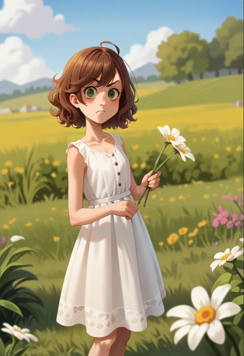 An adult female,Normal proportion,Looking straight at the camera,Holding a white flower in hand, Brown medium-length curly hair,Simple white dress,Solid color background,Sunshine on the face,Fair,angry, bright,Bright green,whole body,Studio Gippley style,Miyazaki style,2.5D,Game texture,lifelike,4K