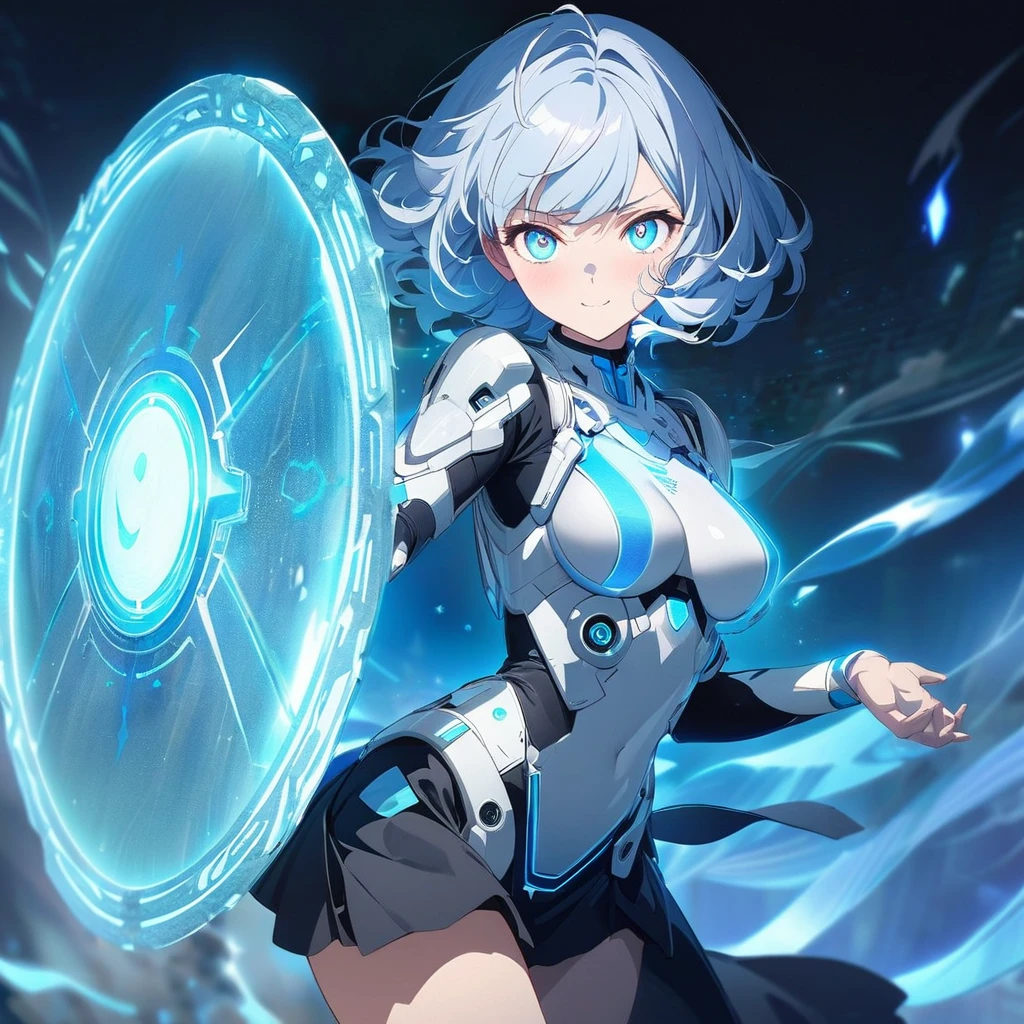 an image of a gentle girl with short, silvery-blue hair, wearing a futuristic, battle-ready outfit with glowing blue elements. She has a kind expression on her face, characterized by soft, warm eyes and a gentle smile with relaxed features. She is generating a large, translucent energy shield that shimmers with blue light, protecting herself and an area around her. The girl should be in a dynamic yet gentle pose, with one hand outstretched towards the viewer as if she's directing the shield and the other hand resting gently by her side. Her stance is strong yet relaxed, with one leg slightly bent. The background is dark and dramatic, with hints of blue light and energy waves illuminating their figures. The shield should have intricate, glowing patterns, enhancing the sense of her power and gentle control, (nude:0.8), detailed gorgeous face| anime style| key visual| intricate detail| highly detailed| breathtaking| vibrant| panoramic| cinematic| Carne Griffiths| Conrad Roset| gibbli 8k