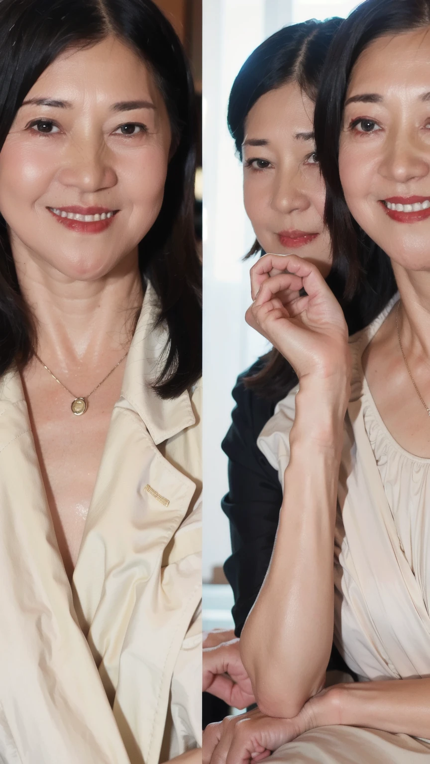 60-year-old female， Soft headlight，High-density imaging，（Clean and delicate face），((White suit))，((Various dynamic poses))，((((Half-length photo))))，((White curtains in the background))，best quality，masterpiece，（Soft colors：1.2）