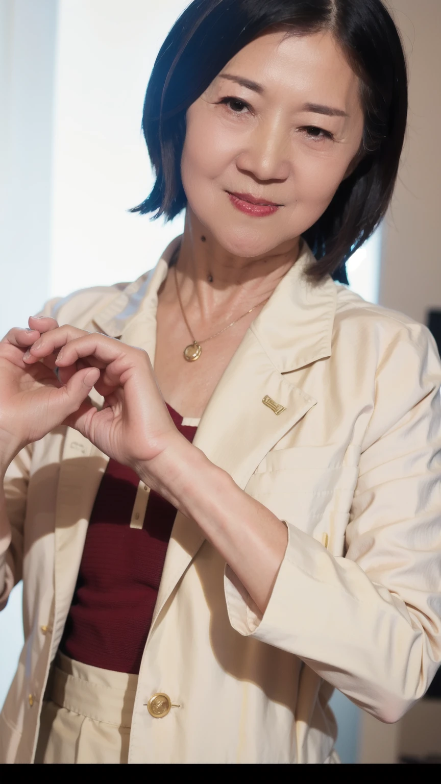 60-year-old female, Soft headlight,High-density imaging,(Clean and delicate face),((White suit)),((Various dynamic poses)),((((Half-length photo)))),((White curtains in the background)),best quality,masterpiece,(Soft colors:1.2)