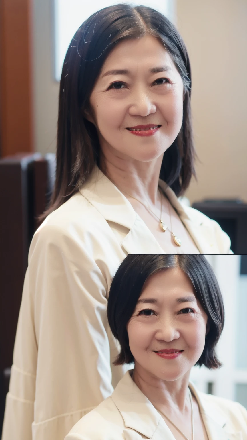60-year-old female, Soft headlight,High-density imaging,(Clean and delicate face),((White suit)),((Various dynamic poses)),((((Half-length photo)))),((White curtains in the background)),best quality,masterpiece,(Soft colors:1.2)