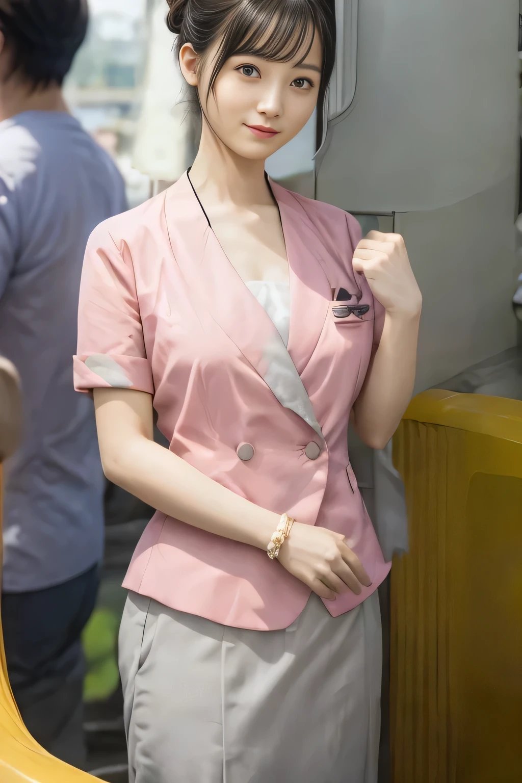 (masterpiece:1.2, Highest quality:1.2), 32k HDR, High resolution, (alone、1 girl)、(On the rooftop of a building in the daytime、Professional Lighting)、Building rooftop background、(Nankai train crew uniform pinkを着たリアルスタイル)、(Nankai train crew uniform pink short sleeve collarless pink jacket、Nankai Train Crew Uniform Pink Collarless Short Sleeve Blouse、Nankai Train Crew Uniform Pink Grey Knee-length Culottes)、((The bottom of the pink short-sleeved jacket cannot be tucked into the clay-colored culottes.))、Dark brown hair、(Hair tied up、Hair Bun、Hair Bun)、Dark brown hair、Long Shot、Big Breasts、Thin legs、((Great hands:2.0)),((Harmonious body proportions:1.5)),((Normal limbs:2.0)),((Normal finger:2.0)),((Delicate eyes:2.0)),((Normal eyes:2.0)))、(Nankai Train Crew Uniform Pink Grey Knee-length Culottesを見せた美しい立ち姿)、smile