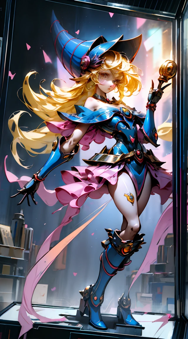 NSFW dark magician girl, glass cover, Upper part of the body, Side shot, Alternative color, Masterpiece, Detailed illustration, realist, Pixiv Top Quality, exquisite, {{{Cute 1dark magician girl}}}, Super beauty merging with the machine., Elaborate shabby chic pattern, Beautiful and bright woman, Half my body is made of machine., Transparent glass body, The inner machine is transparent., cinematic lighting, dynamic angle, dynamic pose, Crystal World, depth of field. Magic macaw at the bottom. magic hearts that are very close to the full body screen