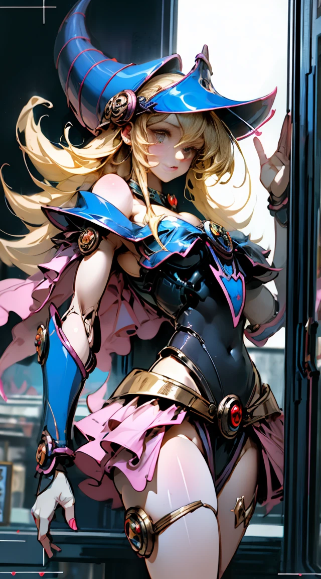 NSFW dark magician girl, glass cover, Upper part of the body, Side shot, Alternative color, Masterpiece, Detailed illustration, realist, Pixiv Top Quality, exquisite, {{{Cute 1dark magician girl}}}, Super beauty merging with the machine., Elaborate shabby chic pattern, Beautiful and bright woman, Half my body is made of machine., Transparent glass body, The inner machine is transparent., cinematic lighting, dynamic angle, dynamic pose, Crystal World, depth of field. Magic macaw at the bottom. magic hearts that are very close to the full body screen