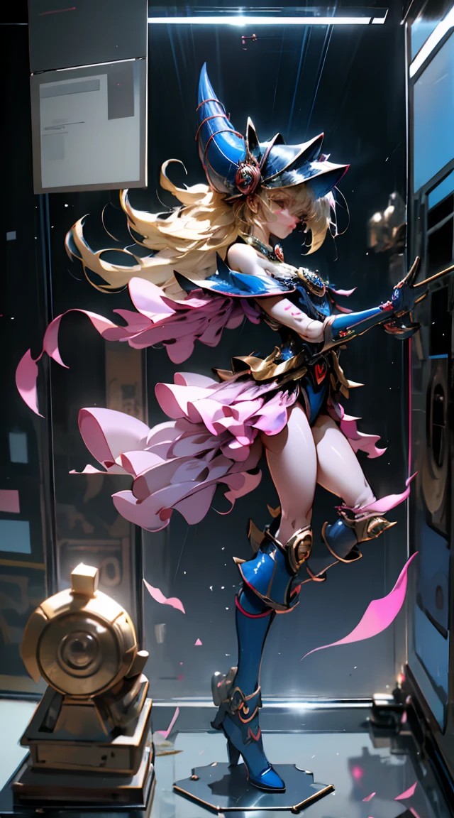 NSFW dark magician girl, glass cover, Upper part of the body, Side shot, Alternative color, Masterpiece, Detailed illustration, realist, Pixiv Top Quality, exquisite, {{{Cute 1dark magician girl}}}, Super beauty merging with the machine., Elaborate shabby chic pattern, Beautiful and bright woman, Half my body is made of machine., Transparent glass body, The inner machine is transparent., cinematic lighting, dynamic angle, dynamic pose, Crystal World, depth of field. Magic macaw at the bottom. magic hearts that are very close to the full body screen