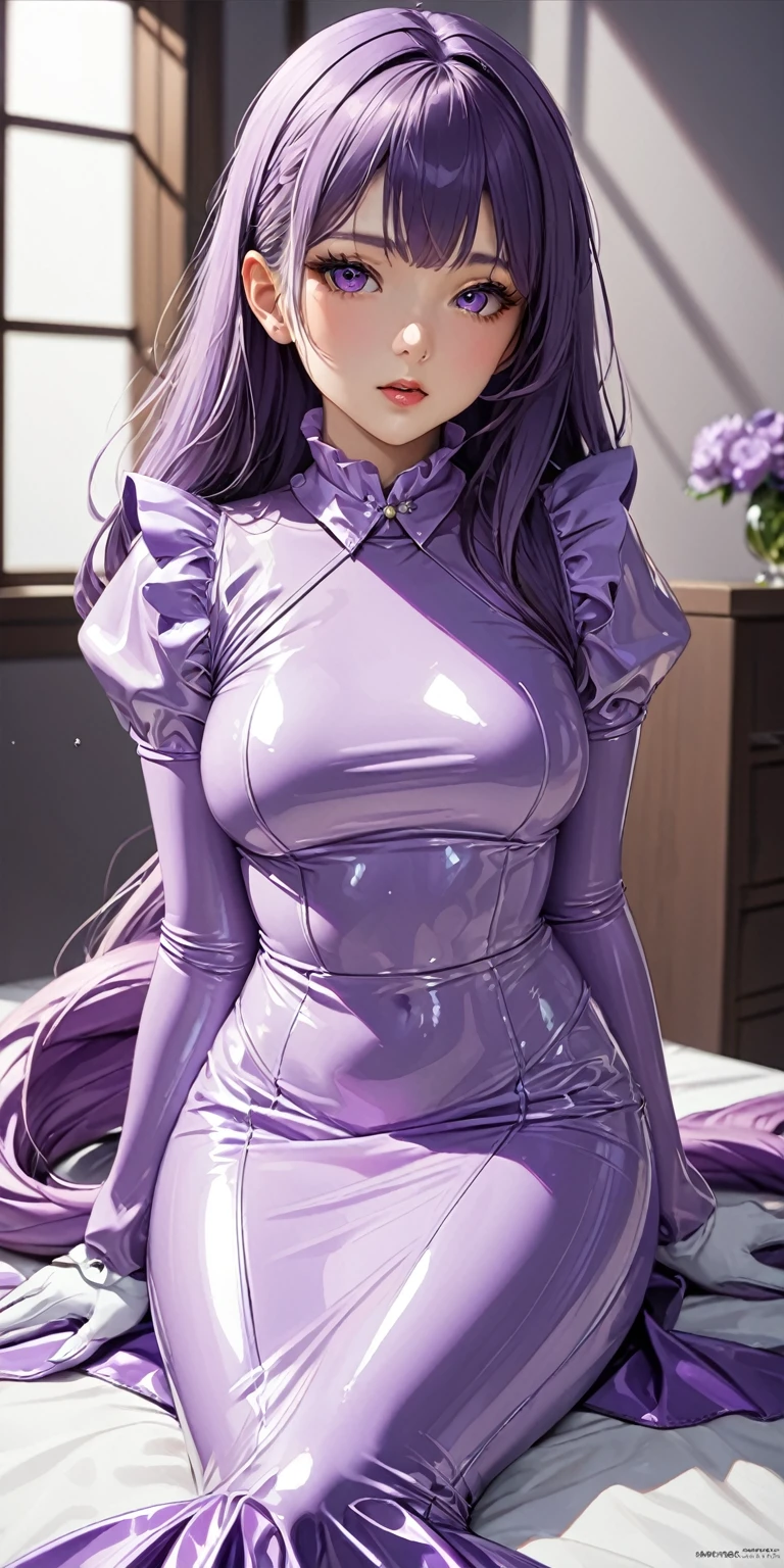 Portrait、(masterpiece,Highest quality,Ultra-high resolution),Japanese women, (((Very beautiful 25 year old girl))),(Light purple latex maid outfit)、(Light purple latex mermaid type skirt)、(A light purple long-sleeved latex shirt covering the upper body)、Light purple latex long gloves、Light purple latex socks、The clothes fit perfectly to the body、Latex is very shiny、Dark Room、