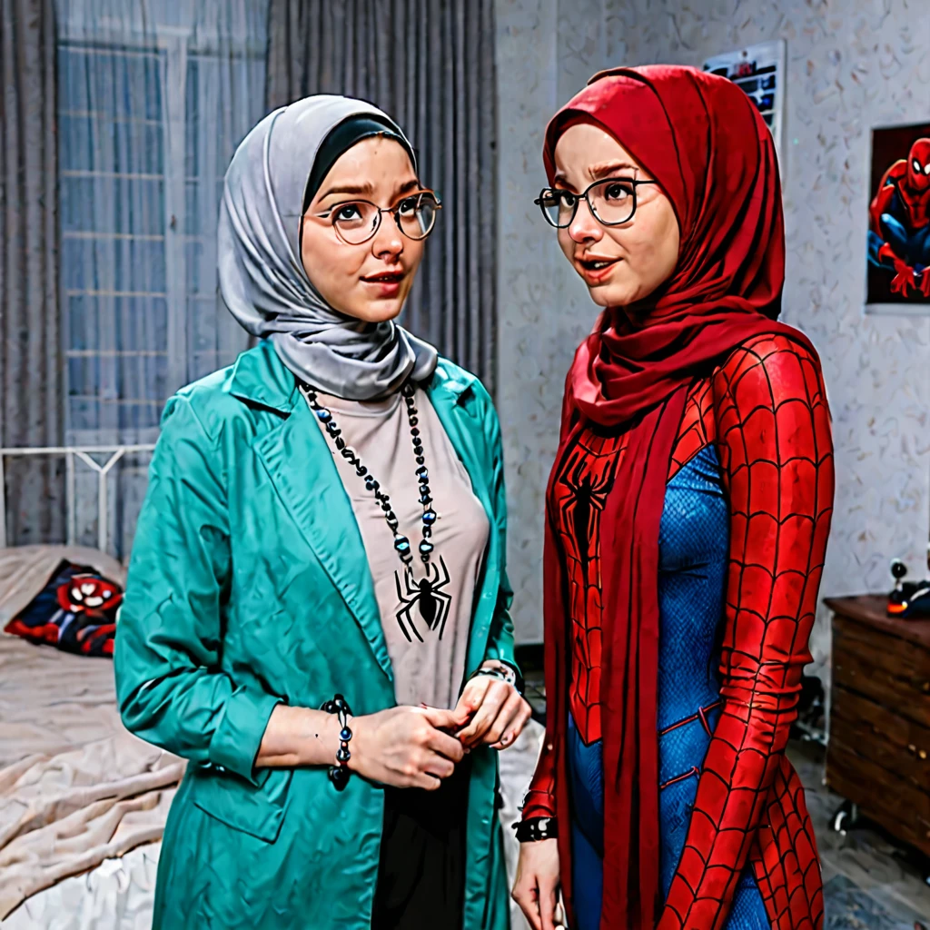 Pale skin glasses Woman in straight hijab necklace bracelet talking with marvel spiderman Peter Parker in young room night standing