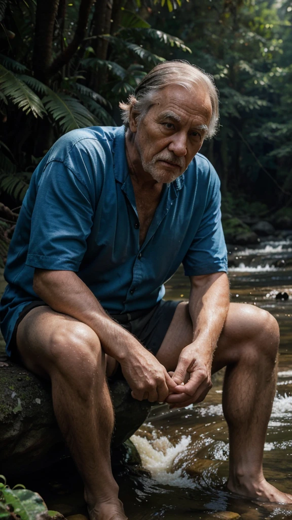 Devastated and feeling hopeless, Kai left the island and wandered into the nearby forest, There, he met a wise old man who was sitting by a stream, headshot of the wise old man sitting by the stream, The old man looked up at Kai and said, "I sense that you're carrying a heavy burden, Kai poured out his story, and the old man listened intently, 4k realistic imagery, blue scenery like a movie scene, old american setting, inspired by blade runner movie scene, blue tone, 9:16 aspect ratio