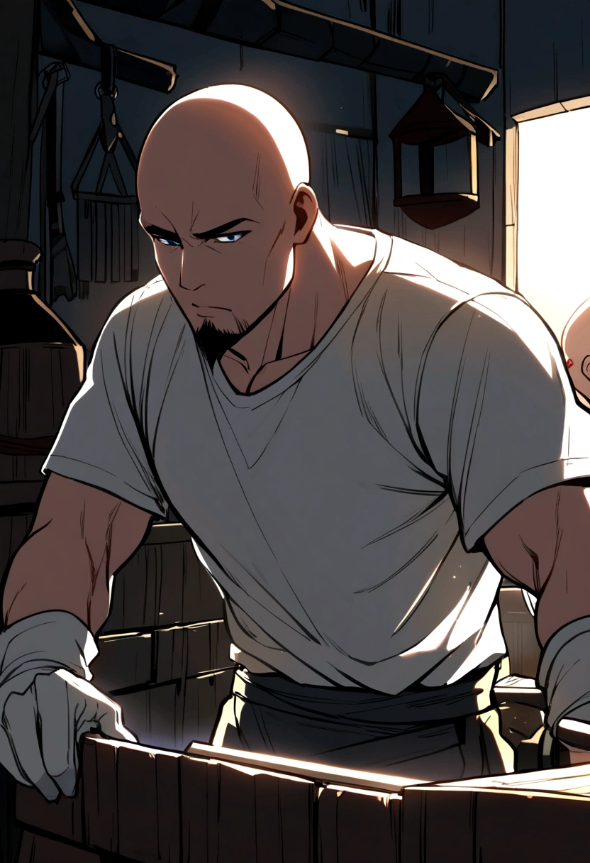 40 year old male, bald head, grey goatee, dark blue eyes, grey tank top, white t-shirt, white gloves, blacksmith