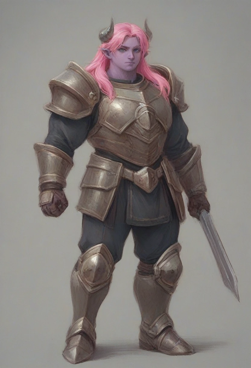 A purple skin man, with pink hair and horns, buff, athletic, big muscles, armor, warrior, big chest