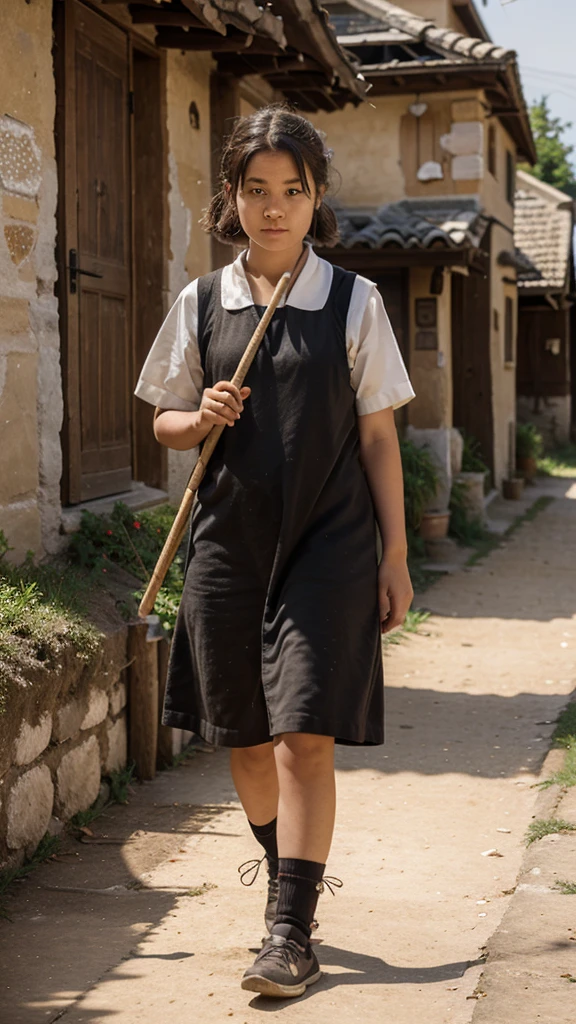 a blind village girl with white pupils and holding a wooden stick for walking