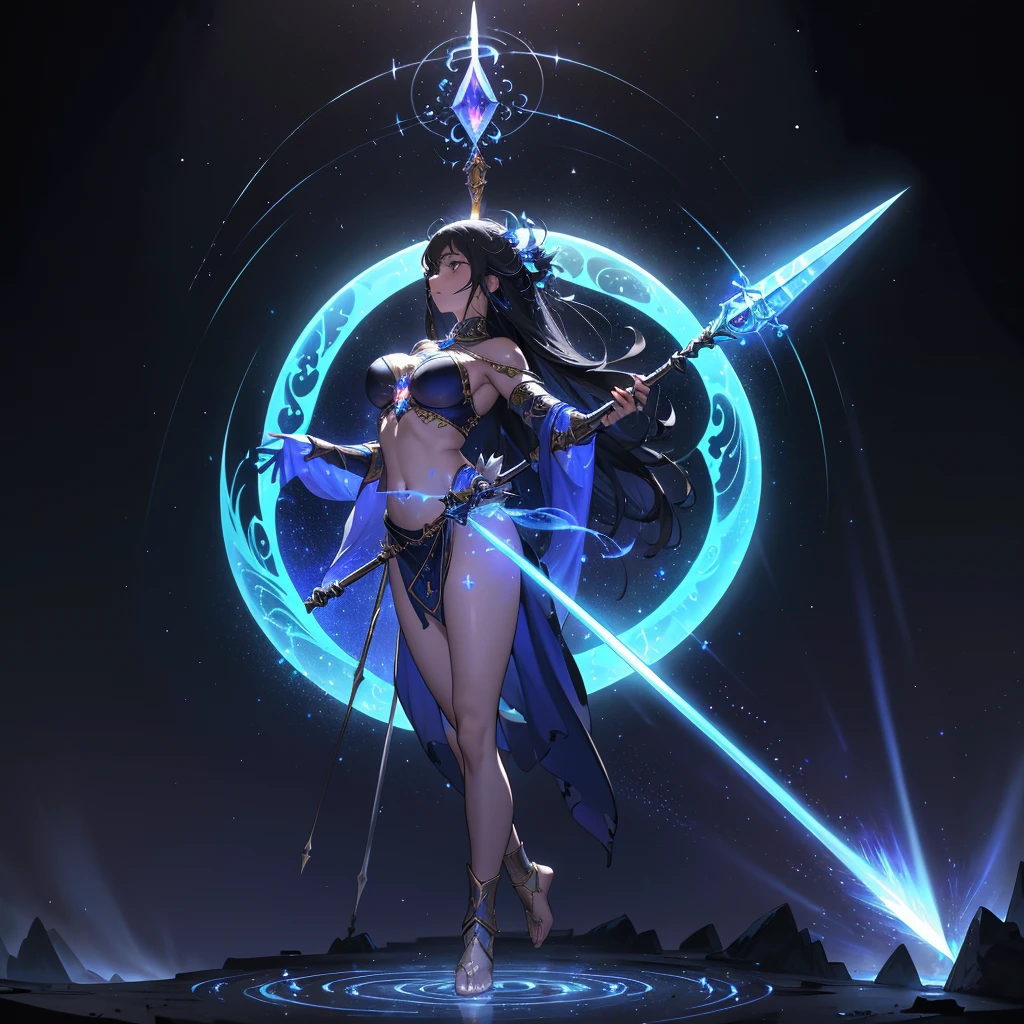 imagine a Soul Spear, forged from ethereal essence and shimmering with radiant energy, hovers above an ancient pedestal in a mystical chamber. The spear's shaft is translucent, like spun moonlight, with faint wisps of spectral mist swirling within. Its crystalline tip, adorned with intricate runes that glow with a soft, pulsating light, exudes an aura of ancient wisdom and arcane power. The chamber around it is adorned with celestial symbols and celestial motifs, reflecting a solemn yet awe-inspiring atmosphere. Shadows dance around the room, as if the spear itself is calling out to those who seek both its protection and its power in the medieval fantasy realm. medieval weapon