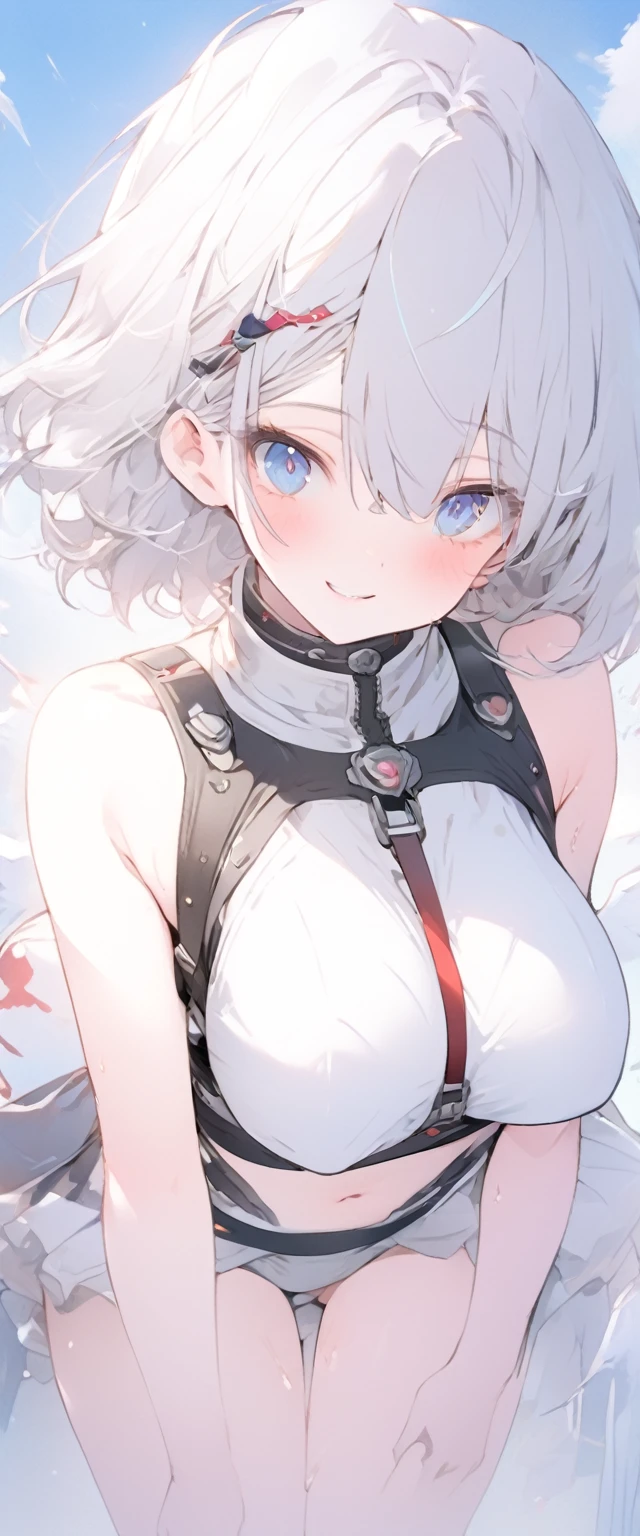 beautiful, masterpiece, Highest quality, anime, One girl, C Cup,Portrait Shot, View your viewers, Covered、Short Hair、nearby、Blue Eyes、art、、White hair,Blue streaked hair、hairpin、Cute smile、Thighs、Cute、blue sky、Beautiful 、Full Harness、valley、Sweat、Under Harness、Body Harness、Tightening、Penetration、Plainer_Sci-fi combat uniform、Plainer_Sci-fi underskirt、hole in the chest、navel