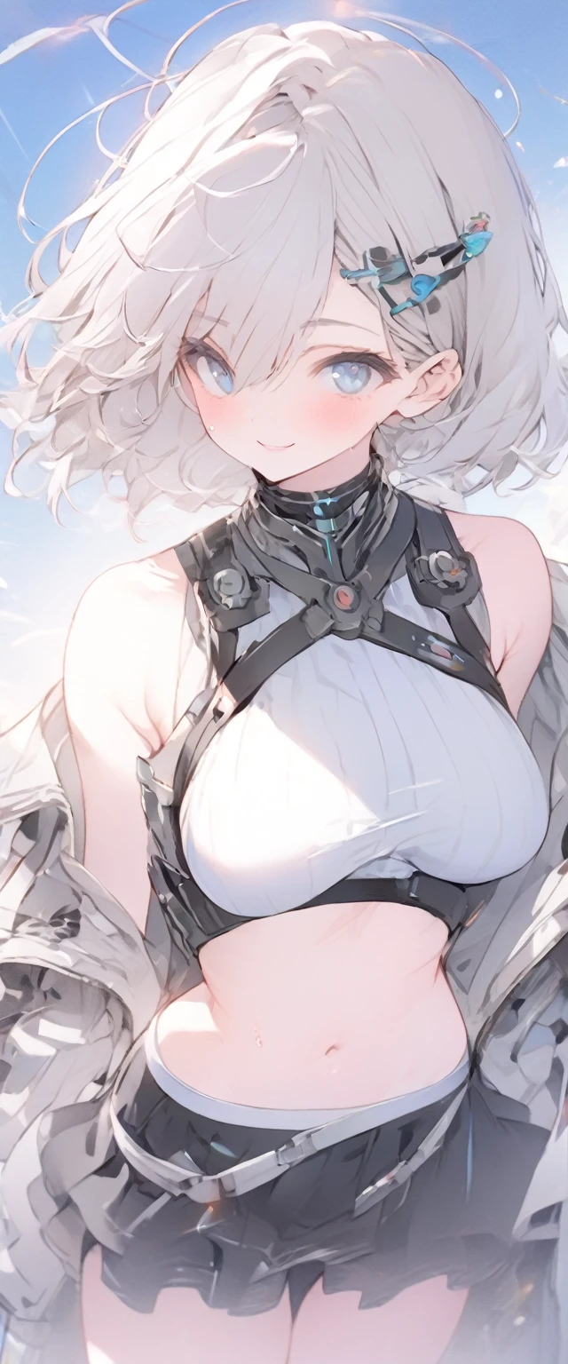 beautiful, masterpiece, Highest quality, anime, One girl, C Cup,Portrait Shot, View your viewers, Covered、Short Hair、nearby、Blue Eyes、art、、White hair,Blue streaked hair、hairpin、Cute smile、Thighs、Cute、blue sky、Beautiful breasts、Full Harness、valley、Sweat、Under Harness、Body Harness、Tightening、Penetration、Plainer_Sci-fi combat uniform、Plainer_Sci-fi underskirt、hole in the chest、navel