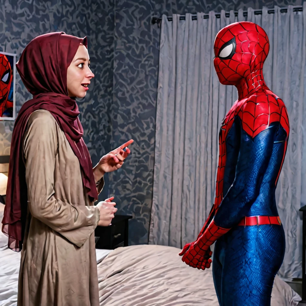 Pale skin Woman in straight hijab talking with marvel spiderman Peter Parker in young room night standing