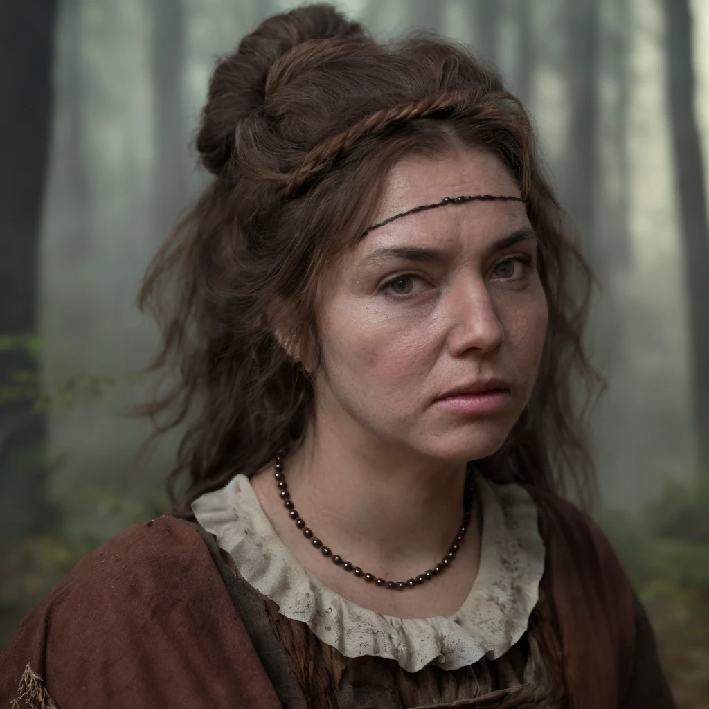 (masterpiece)+, (extremely (realistic)+,a portrait of an ugly young slightly overweight woman peasant, round face, wavy brown hair taken into a bun. bad skin, Wearing peasant dress, Lost stare. Looking in camera. volumetrics dtx, Photorealistic, ultra detailed, Artstation trending, very very detailed, realistic shaded lighting, dynamic shadows, detailed Misty Fey Forest background, upper body, professional photograph of a detailed skin, sharp focus, dramatic, award winning, cinematic lighting, octane render, unreal engine, volumetrics dtx, Photorealistic, ultra detailed, Artstation trending, very very detailed, hyperrealistic, fine details, realistic shaded lighting, dynamic shadows, Misty Fey Forest background, add_detail:1, skin pores and wrinkles, details.,More Reasonable Details