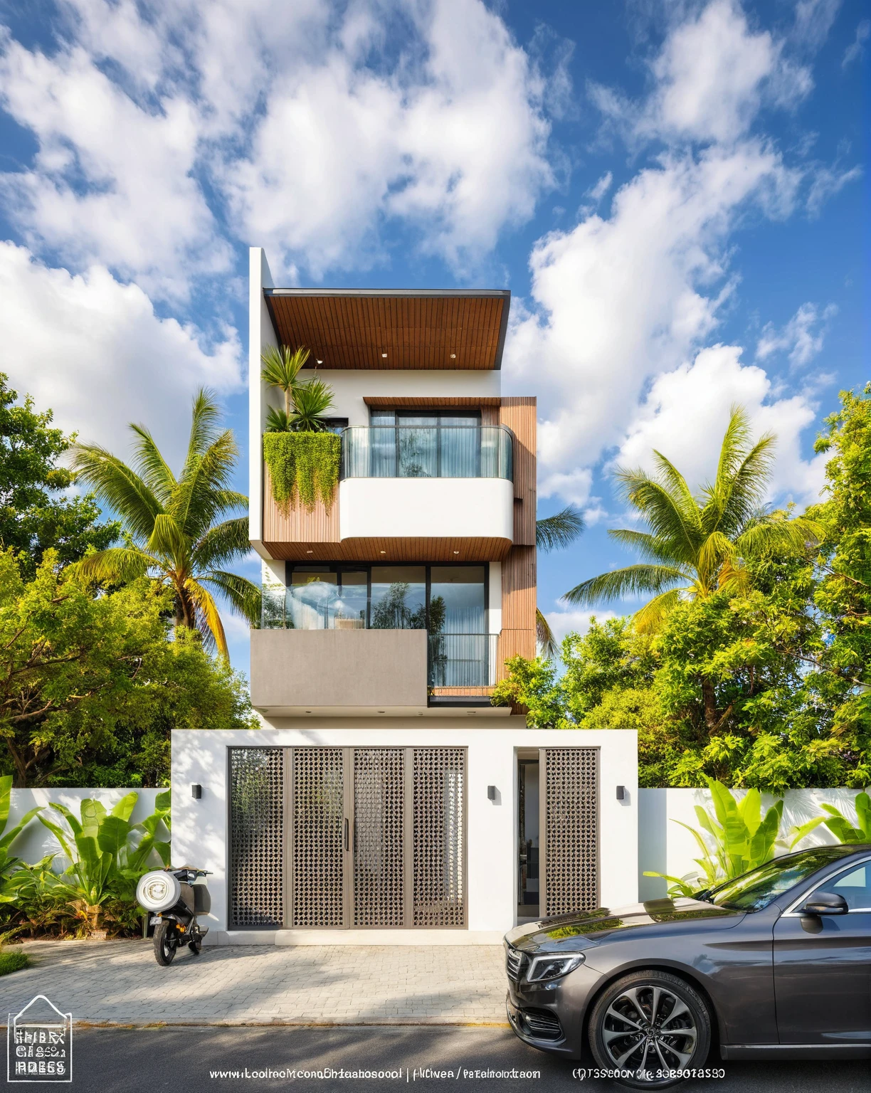 Masterpiece, high quality, best quality, authentic, super detail, outdoors, house style modern,bietthuhn, white wall, glass windows, gate road,pavement, grass, trees,blue sky, cloud, (day:1.1), realistic lighting