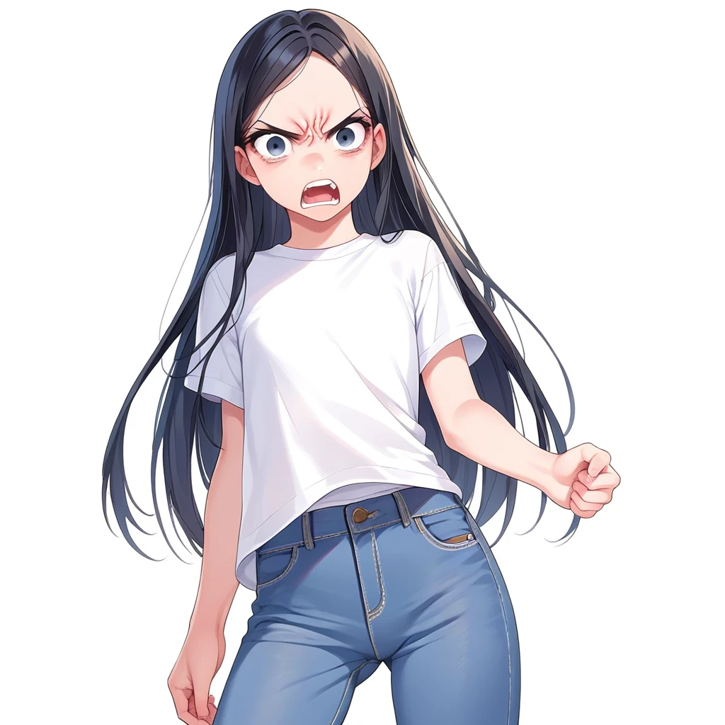 masterpiece , best quality , color , lineart , face close-up , 1 girl , solo , 20 years old , flat chest , long hair , black hair , short sleeve , white tshirts , long pants , jeans , (furious:1.6), open eyes , looking at viewer , open mouth , from front , white backqround , simple backqround ,