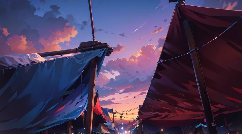 (under tarp canopy, wooden pole, under the market tents, under the canopies), wire, buildings roofs farr away, low angle, dawn sky, early morning,