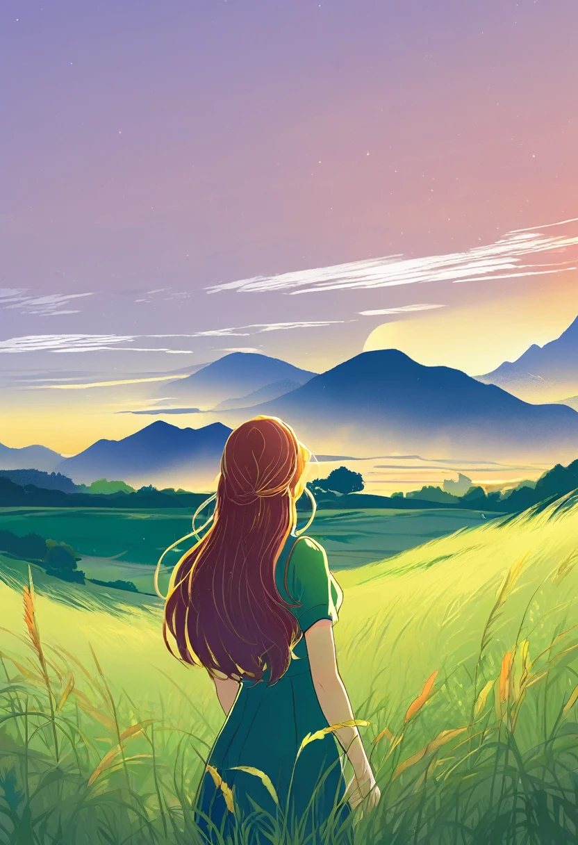 
a beautiful woman with long hair was looking at the sunset in a green meadow, manga style,digital art, cover illustration, 70mm, 7 0 mm, 70 mm, book cover illustration,